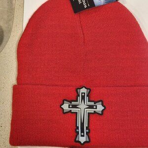 Cross Patched Knit Cuffed Beanie in Red.